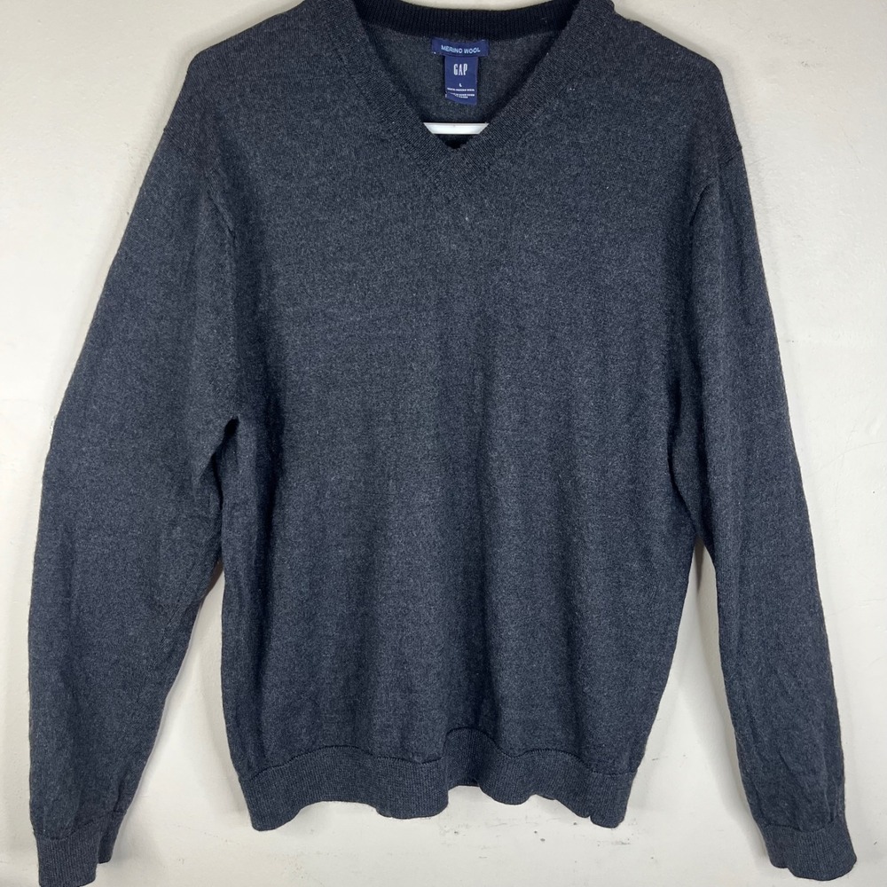 Gap Sweater Mens Large Gray 100% Merino Wool V-Neck Long Sleeve Pullover Knit L